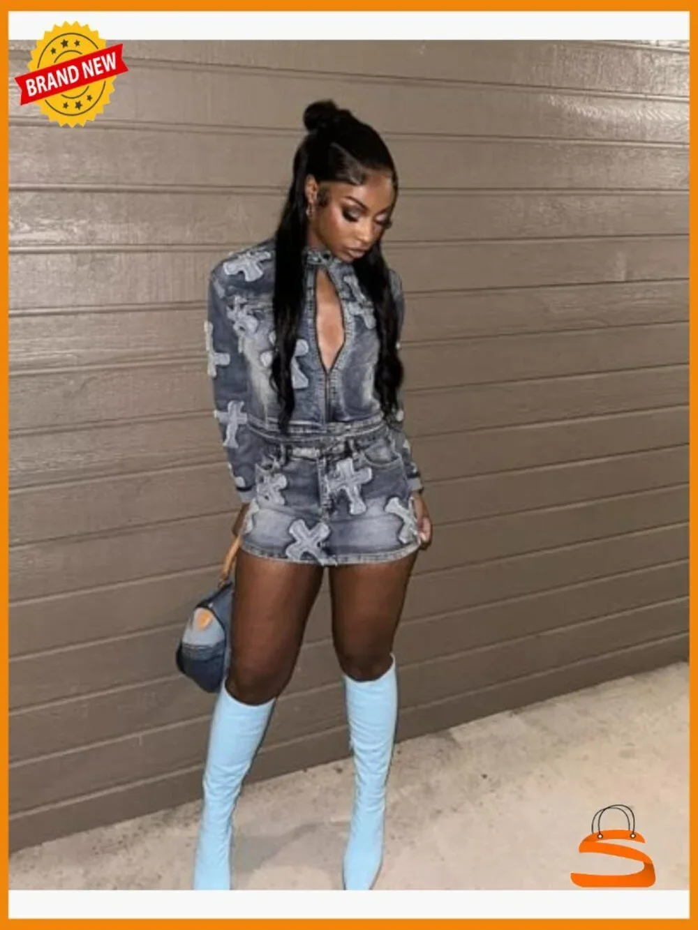 2 Piece Denim Skirt Set Long Sleeve Zip Up Jacket Mini Skirt Bodycon Y2K Outfit